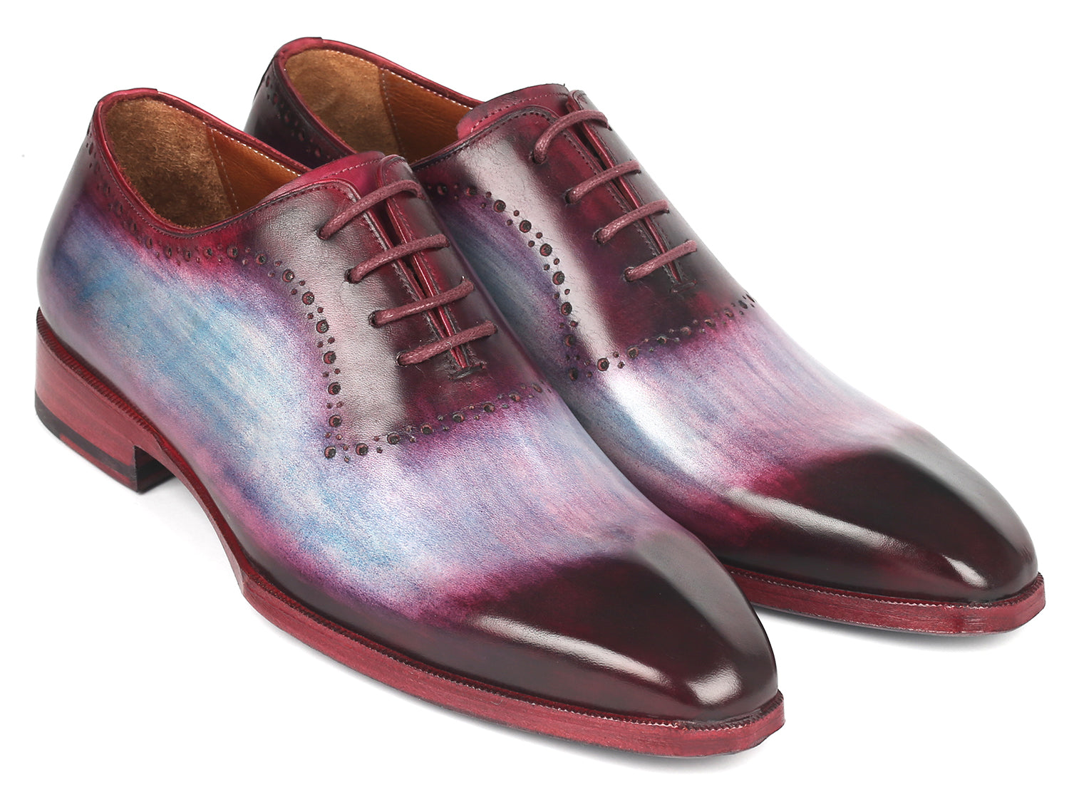 Paul Parkman Men's Blue & Purple Oxfords showcasing hand-painted leather upper and sculpted toe design.