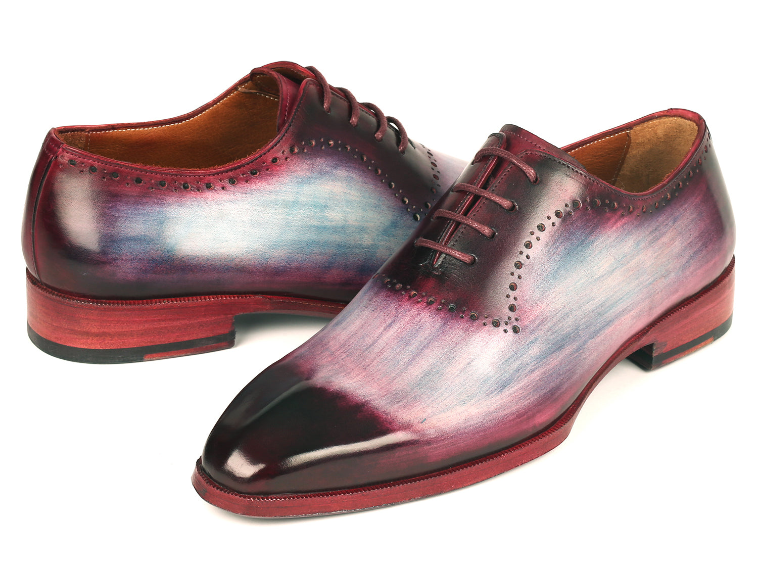 Paul Parkman Men's Blue & Purple Oxfords showcasing hand-painted leather upper and sculpted toe design.