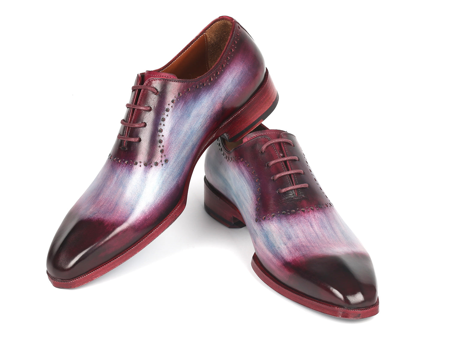 Paul Parkman Men's Blue & Purple Oxfords showcasing hand-painted leather upper and sculpted toe design.