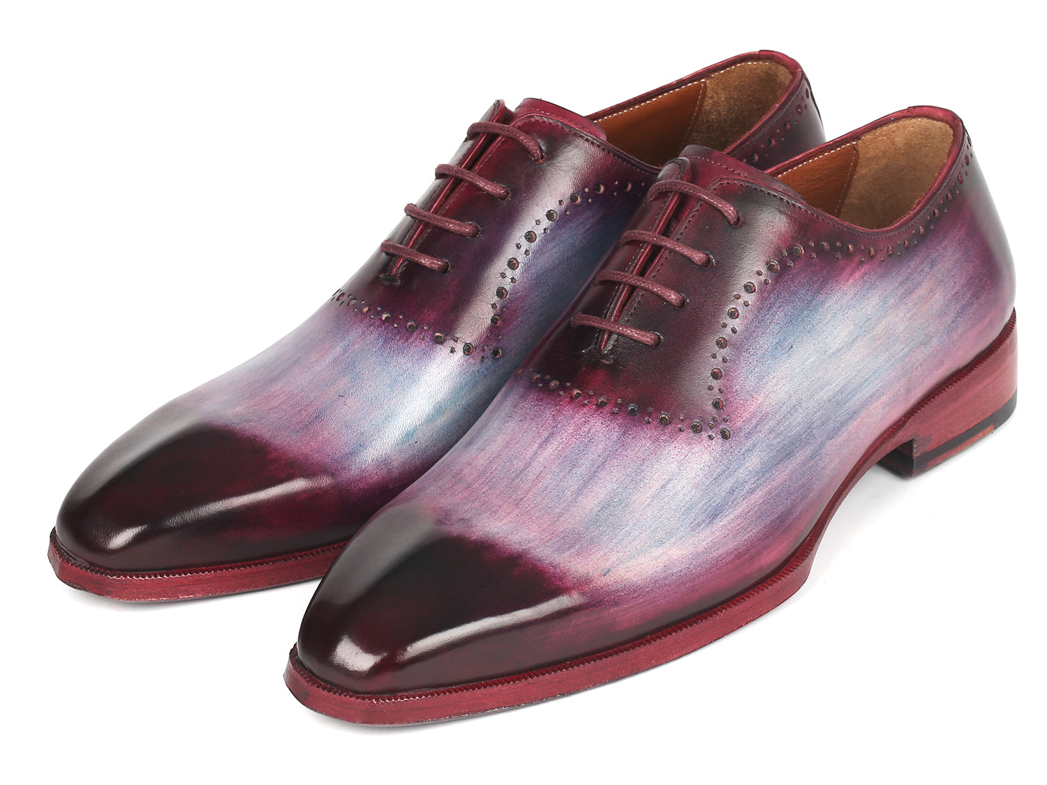 Paul Parkman Men's Blue & Purple Oxfords showcasing hand-painted leather upper and sculpted toe design.