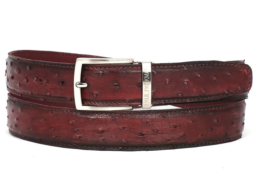 PAUL PARKMAN Men's Bordeaux Genuine Ostrich Belt showcasing luxurious ostrich skin with a hand-painted finish.