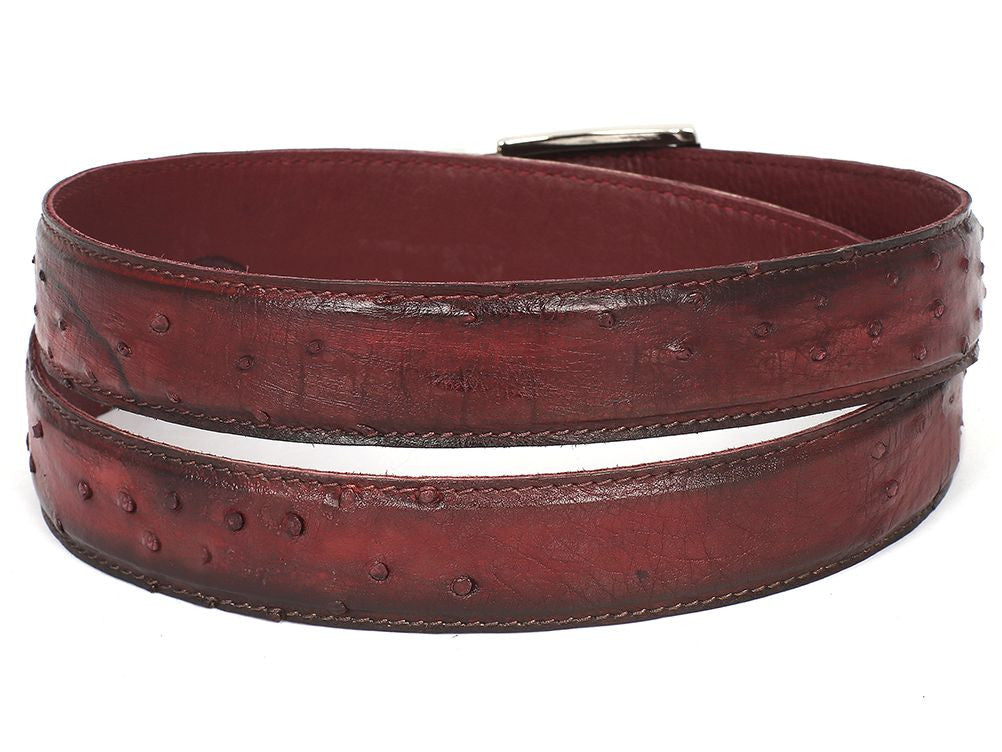 PAUL PARKMAN Men's Bordeaux Genuine Ostrich Belt showcasing luxurious ostrich skin with a hand-painted finish.