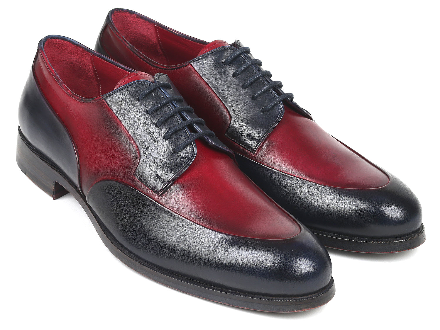 Paul Parkman Men's Bordeaux and Navy Derby Shoes featuring hand-painted calfskin upper and purple burnished leather sole.