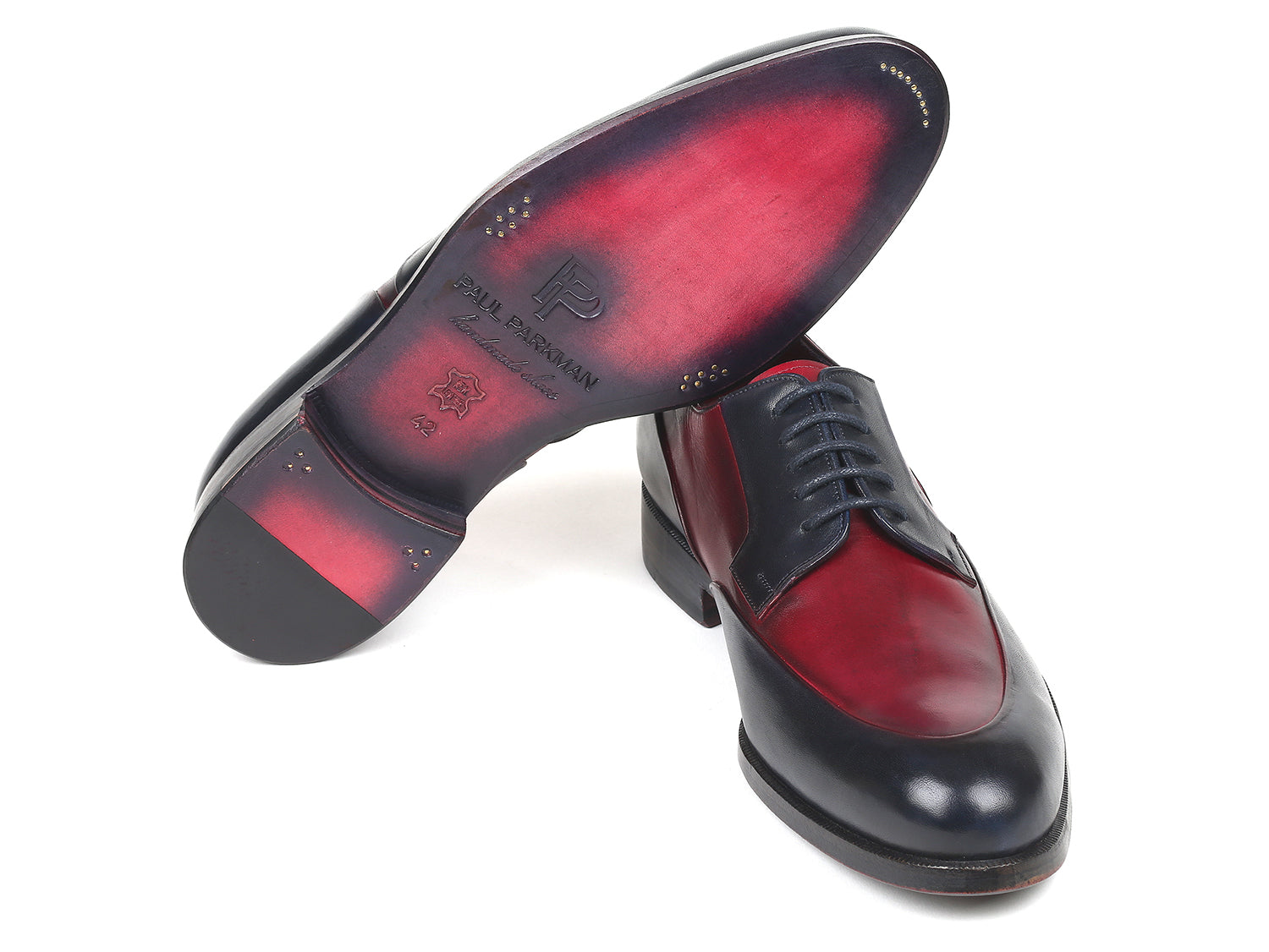 Paul Parkman Men's Bordeaux and Navy Derby Shoes featuring hand-painted calfskin upper and purple burnished leather sole.