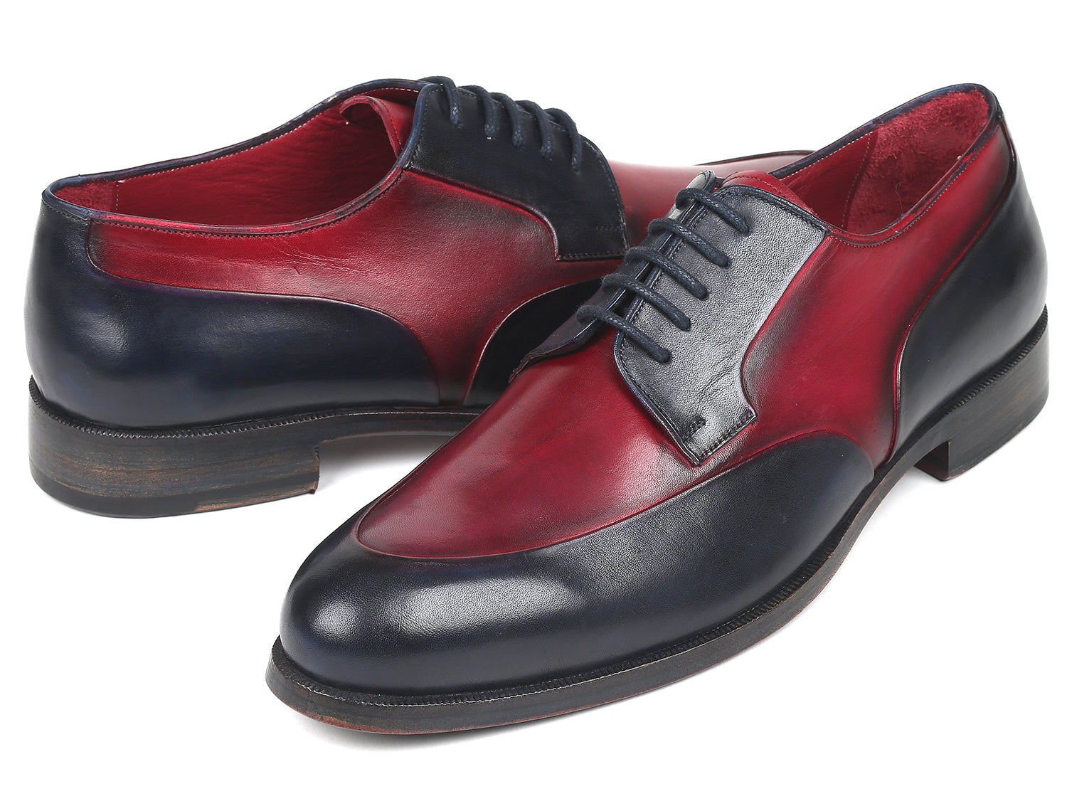 Paul Parkman Men's Bordeaux and Navy Derby Shoes featuring hand-painted calfskin upper and purple burnished leather sole.