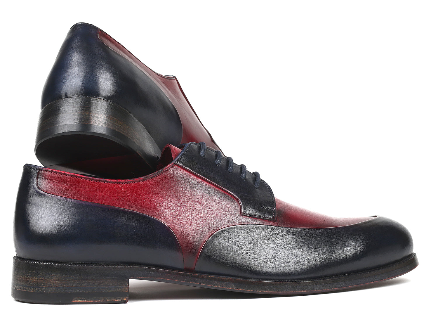 Paul Parkman Men's Bordeaux and Navy Derby Shoes featuring hand-painted calfskin upper and purple burnished leather sole.