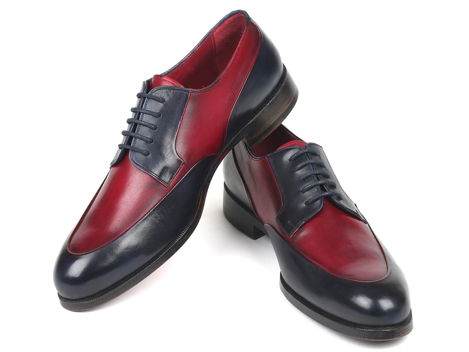 Paul Parkman Men's Bordeaux and Navy Derby Shoes featuring hand-painted calfskin upper and purple burnished leather sole.