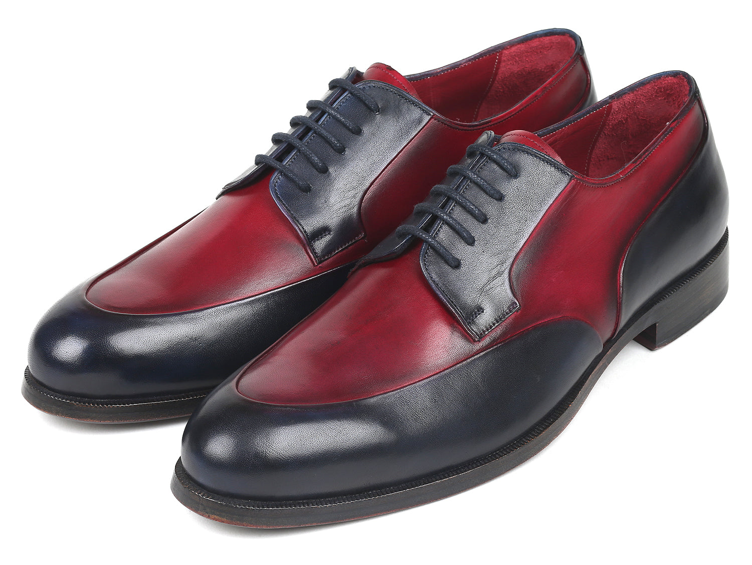 Paul Parkman Men's Bordeaux and Navy Derby Shoes featuring hand-painted calfskin upper and purple burnished leather sole.