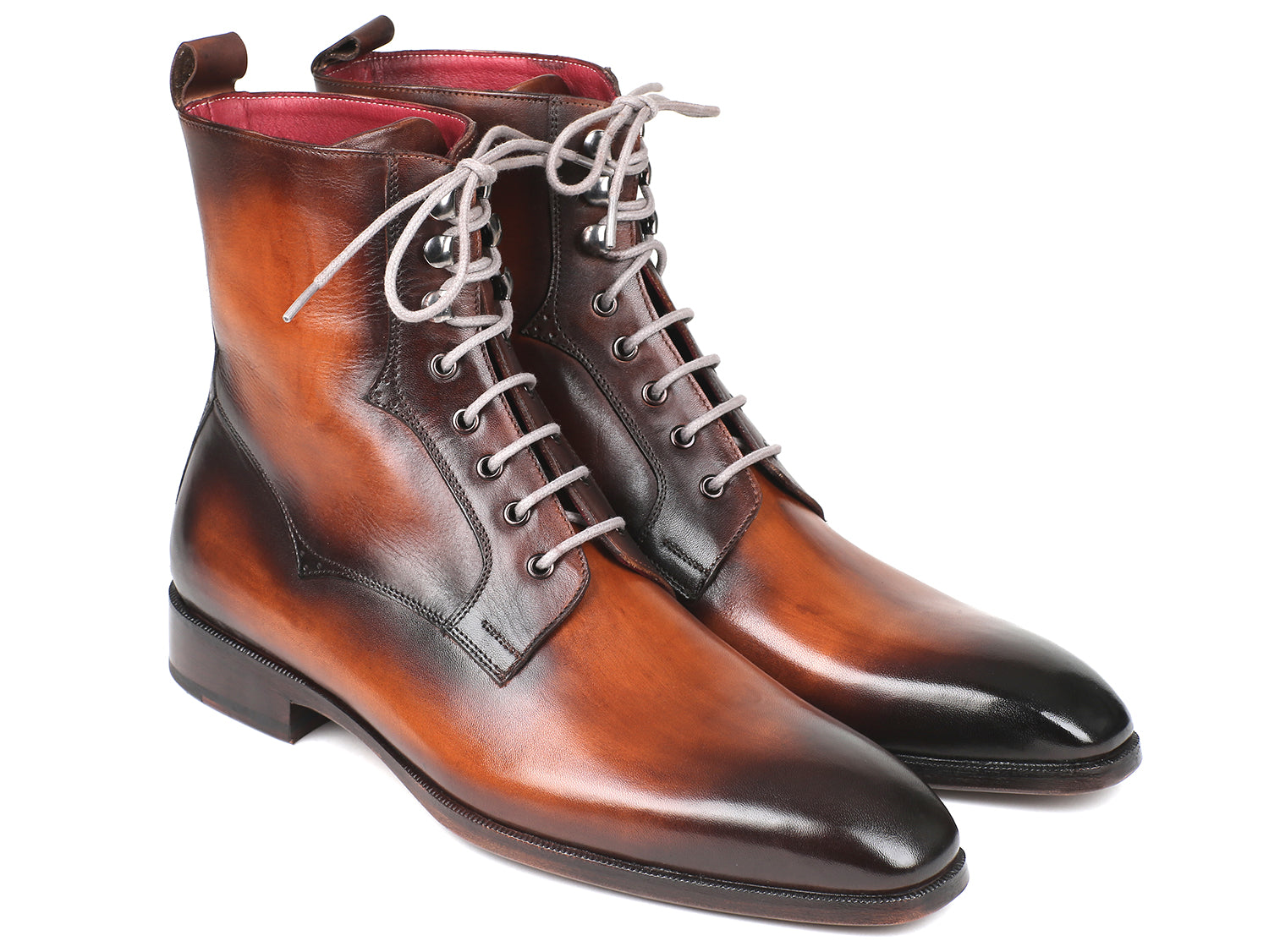 Paul Parkman Men's Brown Burnished Leather Lace-Up Boots showcasing hand-painted calfskin upper and antiqued leather sole.