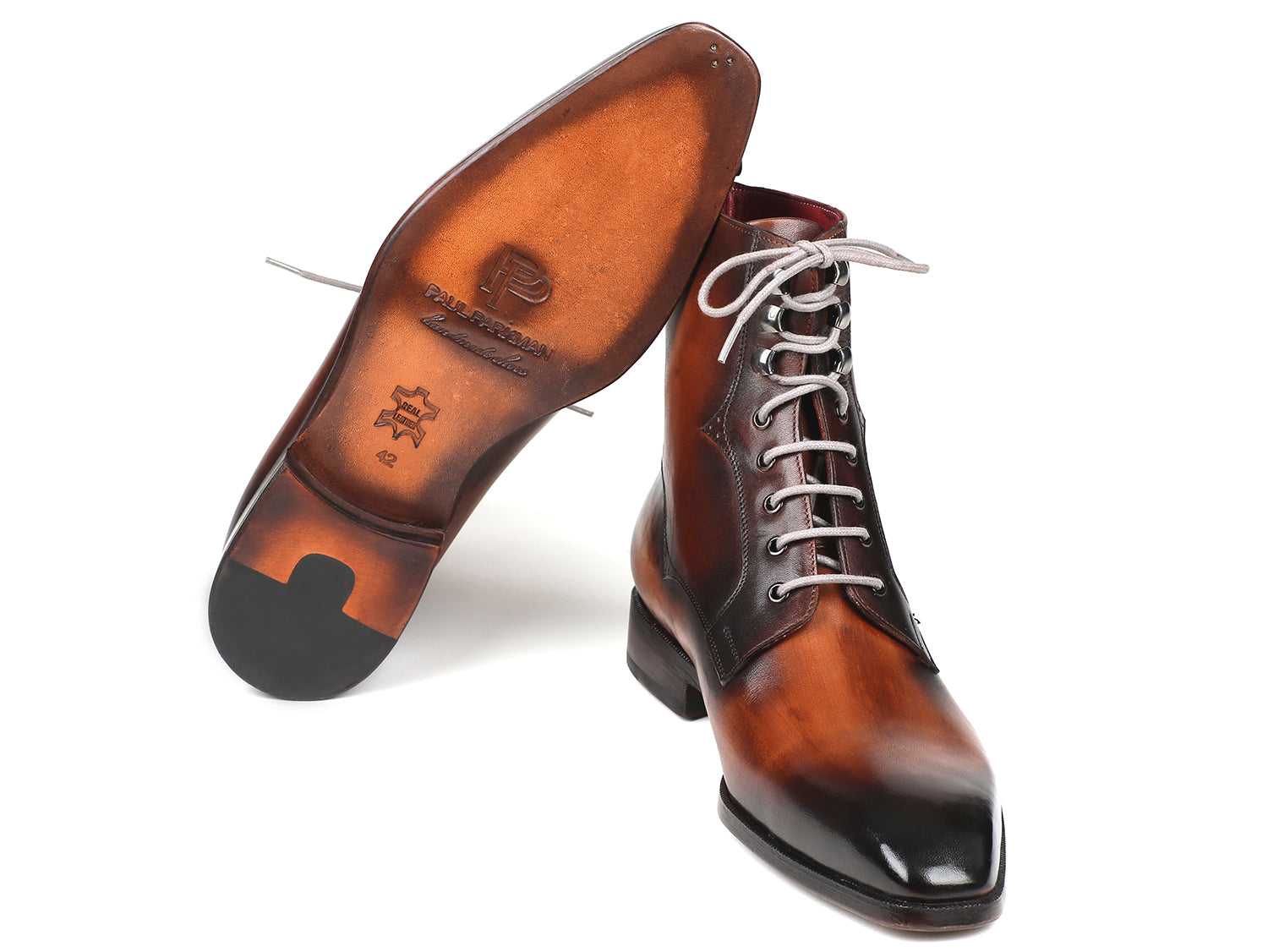 Paul Parkman Men's Brown Burnished Leather Lace-Up Boots showcasing hand-painted calfskin upper and antiqued leather sole.