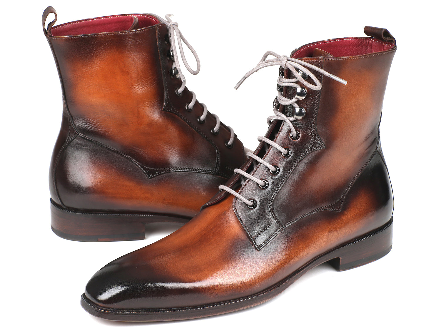 Paul Parkman Men's Brown Burnished Leather Lace-Up Boots showcasing hand-painted calfskin upper and antiqued leather sole.