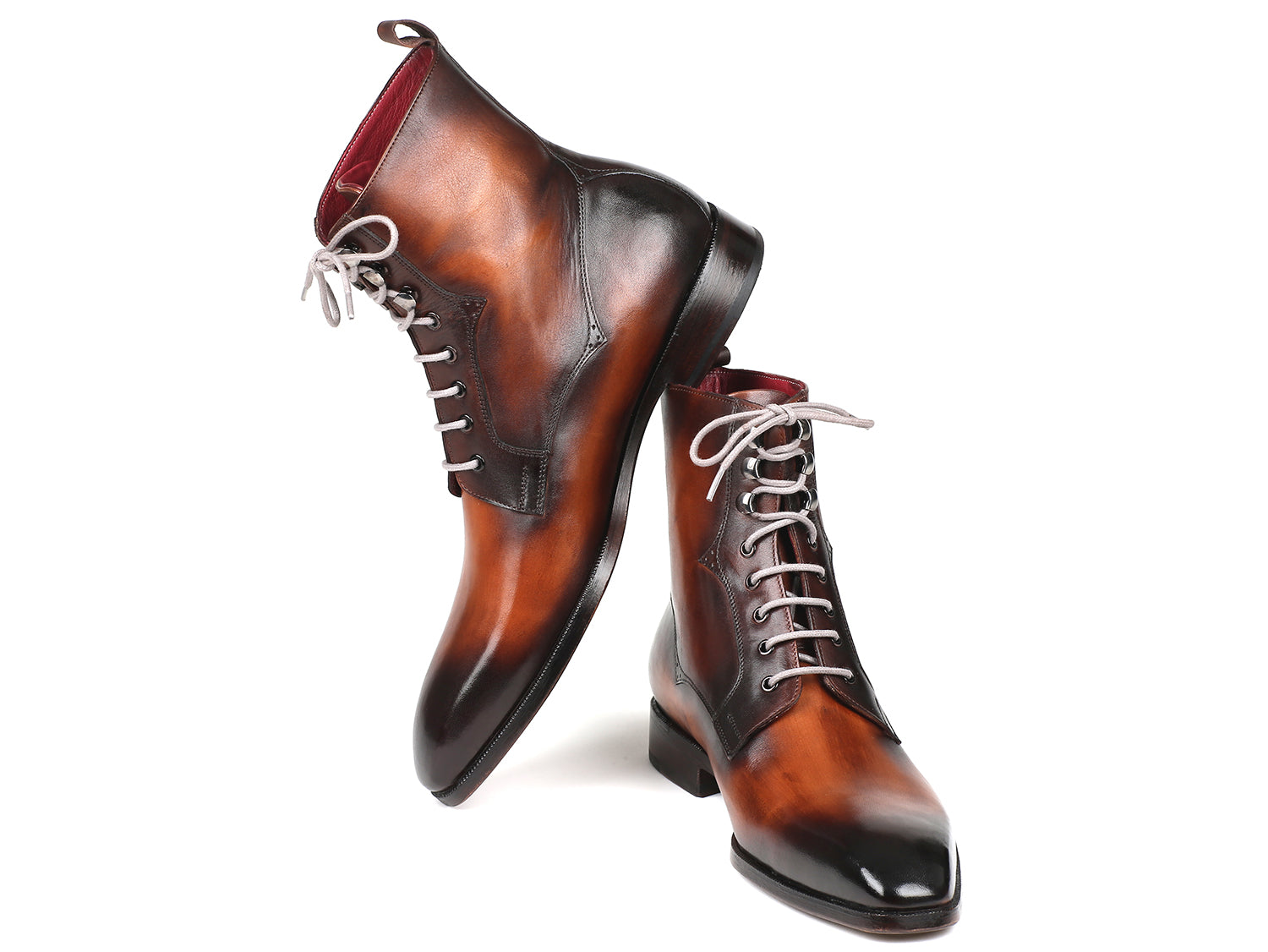 Paul Parkman Men's Brown Burnished Leather Lace-Up Boots showcasing hand-painted calfskin upper and antiqued leather sole.