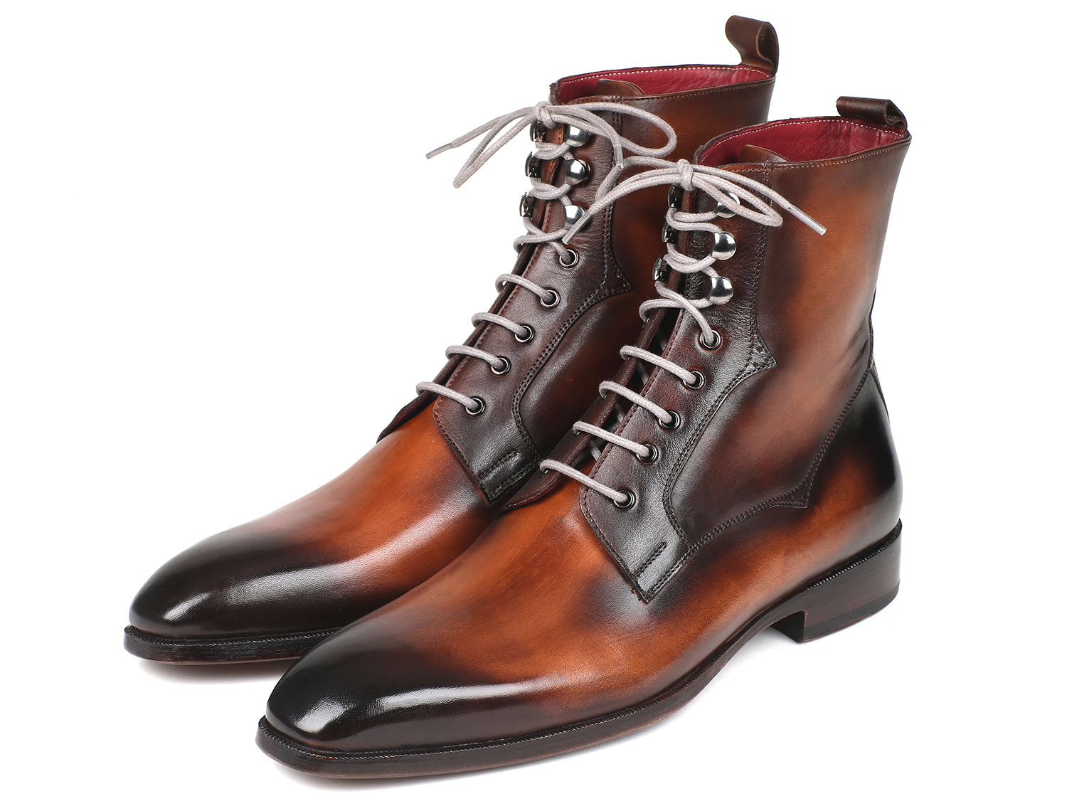 Paul Parkman Men's Brown Burnished Leather Lace-Up Boots showcasing hand-painted calfskin upper and antiqued leather sole.