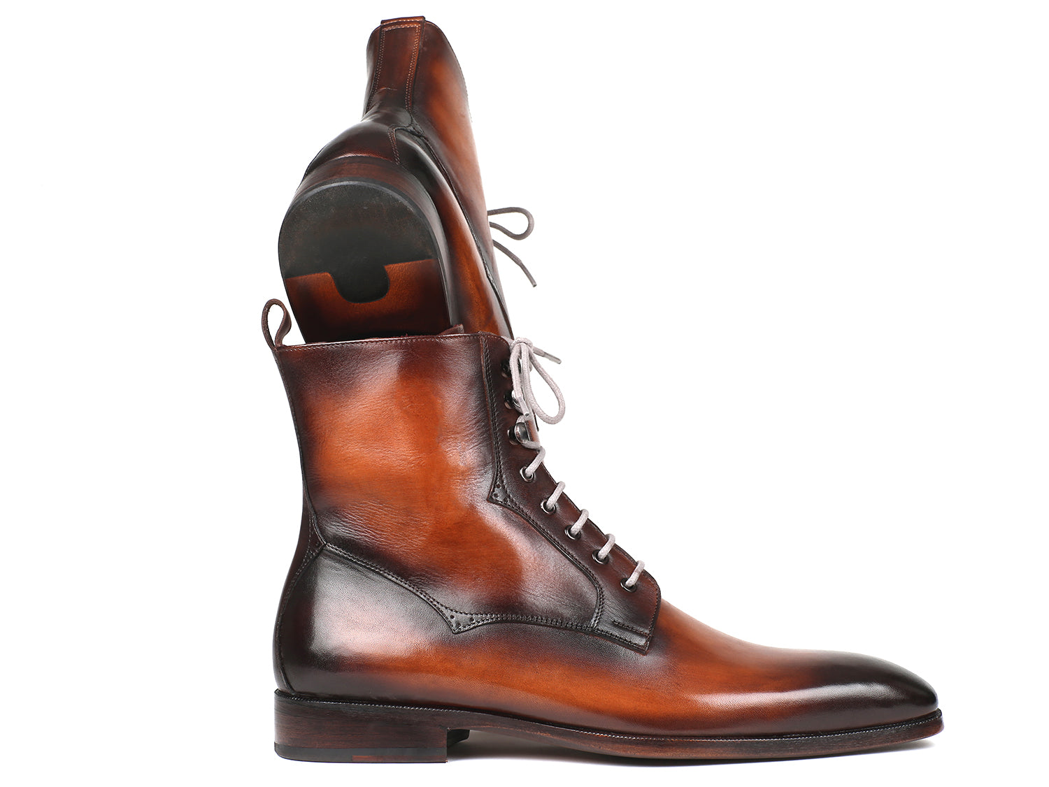 Paul Parkman Men's Brown Burnished Leather Lace-Up Boots showcasing hand-painted calfskin upper and antiqued leather sole.