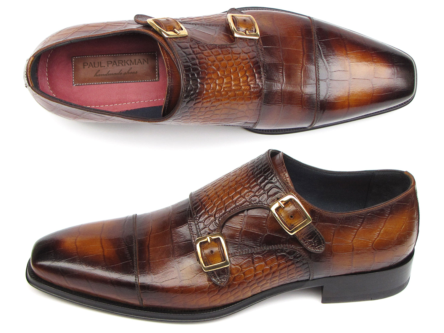 Paul Parkman men's brown crocodile embossed calfskin double monkstrap shoes with leather sole and luxurious lining.