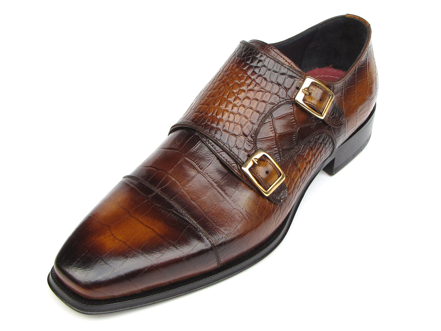 Paul Parkman men's brown crocodile embossed calfskin double monkstrap shoes with leather sole and luxurious lining.