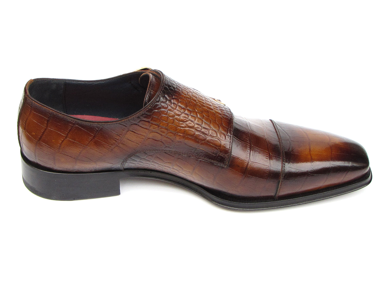 Paul Parkman men's brown crocodile embossed calfskin double monkstrap shoes with leather sole and luxurious lining.