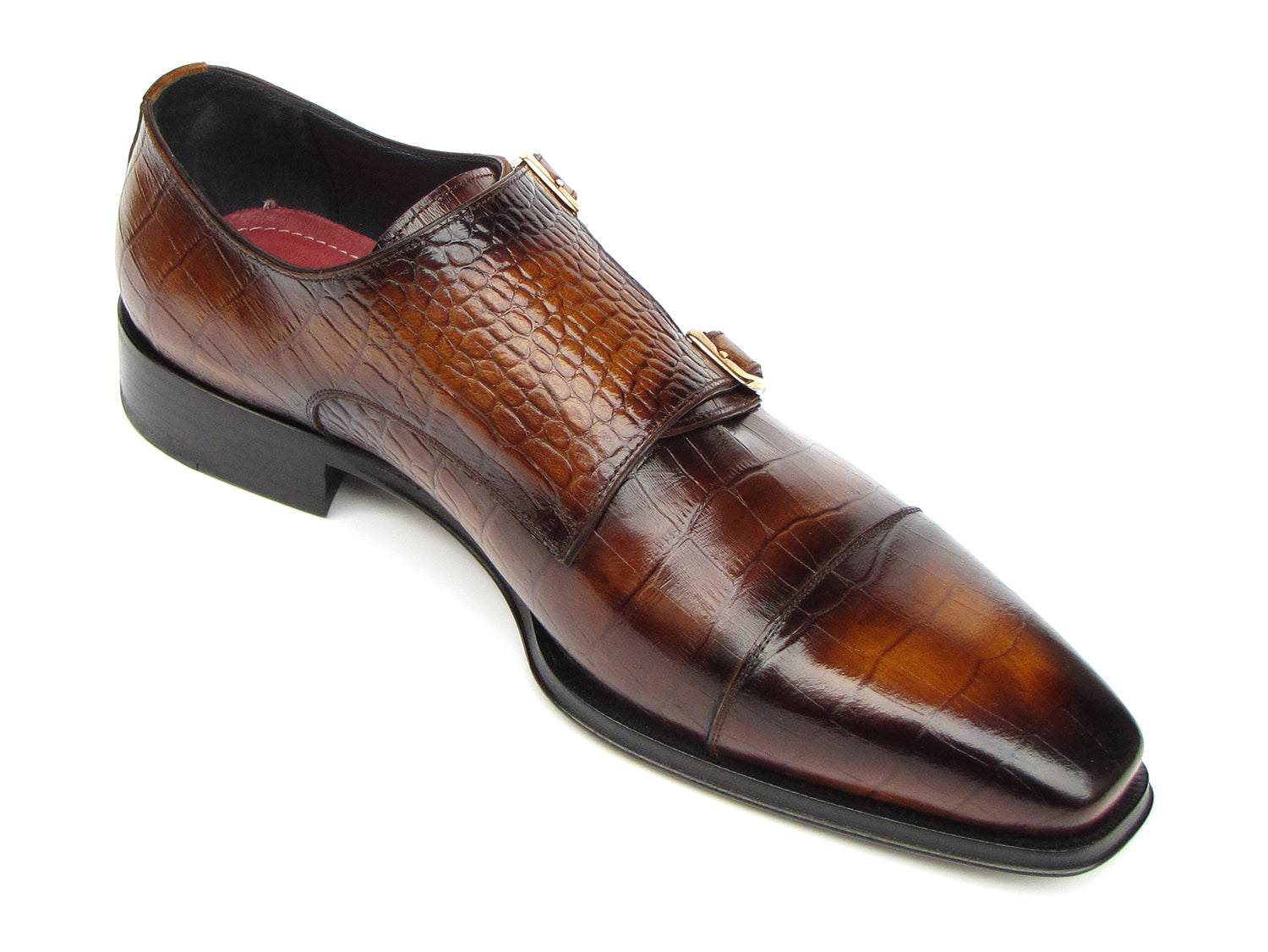 Paul Parkman men's brown crocodile embossed calfskin double monkstrap shoes with leather sole and luxurious lining.