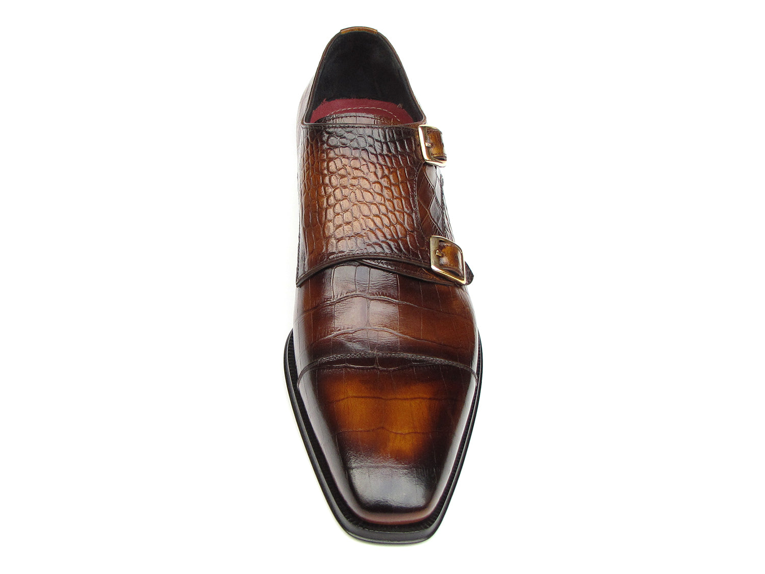 Paul Parkman men's brown crocodile embossed calfskin double monkstrap shoes with leather sole and luxurious lining.