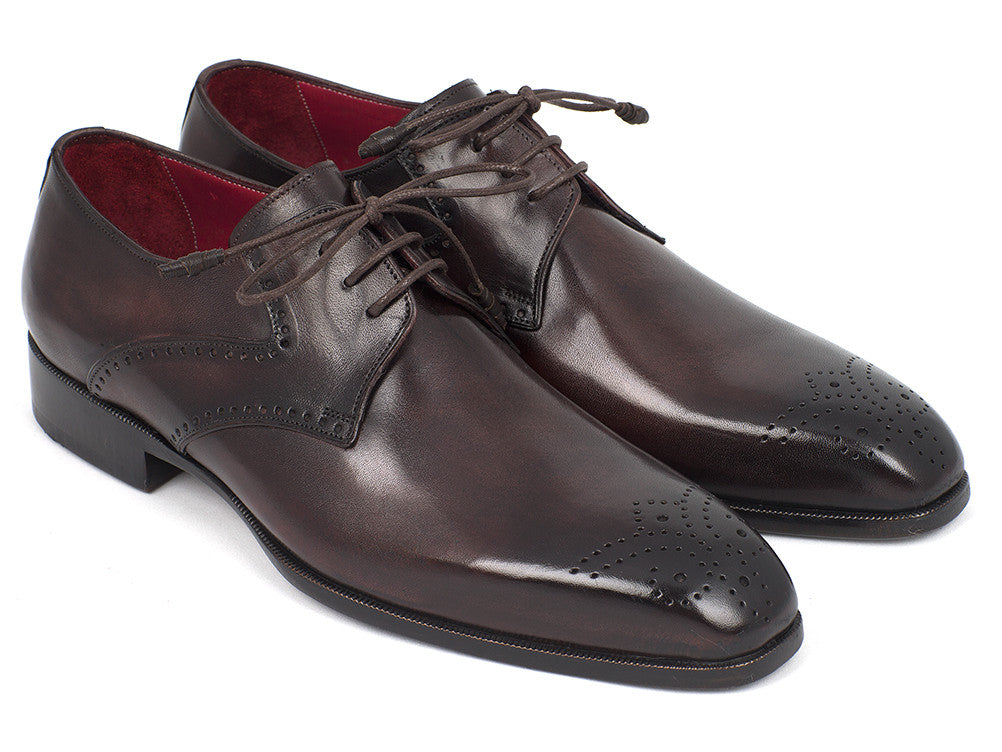 Paul Parkman Men's Brown Medallion Toe Derby Shoes featuring hand-painted leather and antique burnished sole.