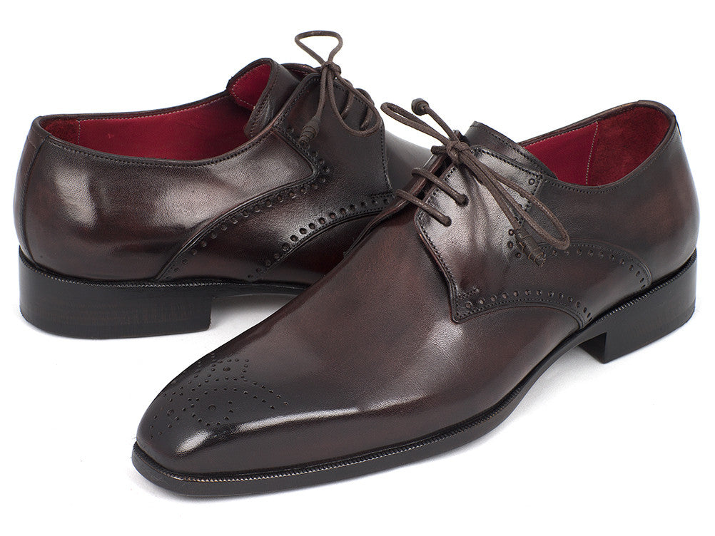 Paul Parkman Men's Brown Medallion Toe Derby Shoes featuring hand-painted leather and antique burnished sole.