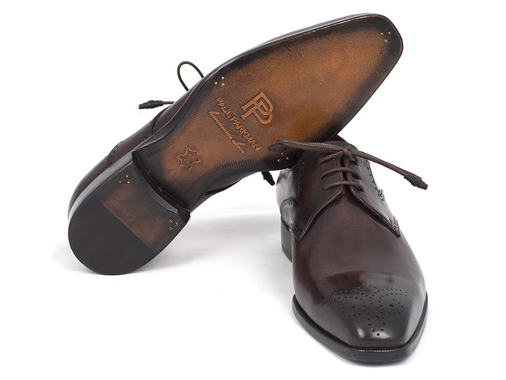 Paul Parkman Men's Brown Medallion Toe Derby Shoes featuring hand-painted leather and antique burnished sole.