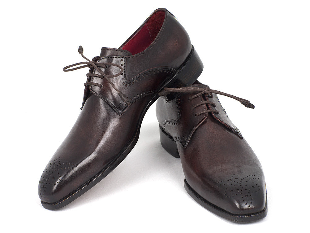 Paul Parkman Men's Brown Medallion Toe Derby Shoes featuring hand-painted leather and antique burnished sole.