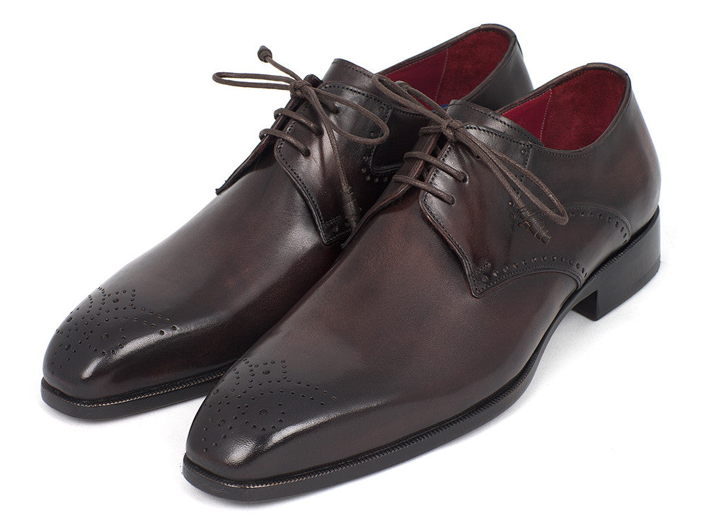 Paul Parkman Men's Brown Medallion Toe Derby Shoes featuring hand-painted leather and antique burnished sole.