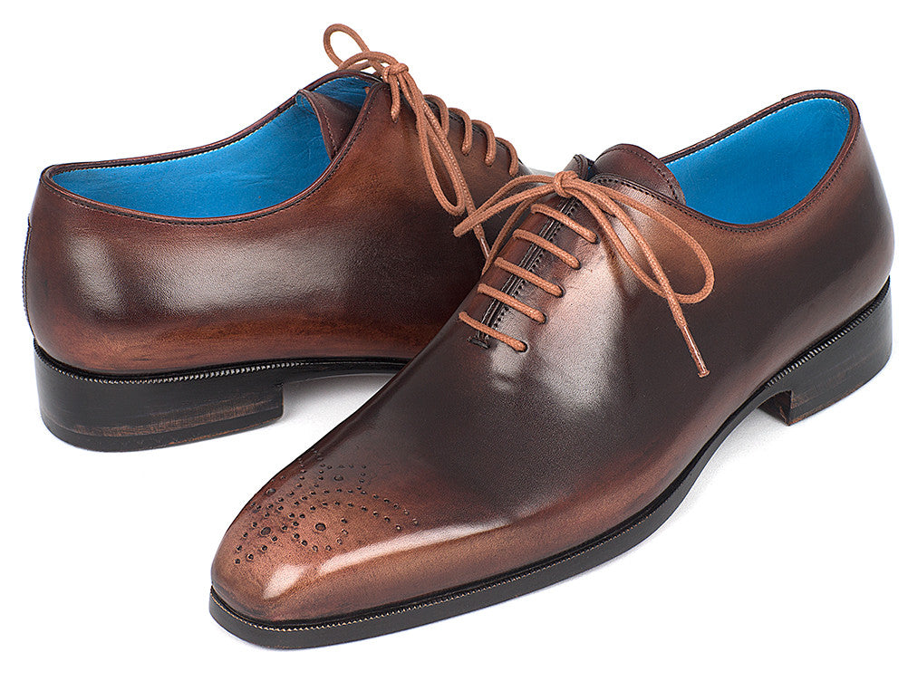 Paul Parkman Men's Camel & Brown Wholecut Oxfords showcasing a medallion toe design with hand-painted calfskin upper and antique finished leather sole.