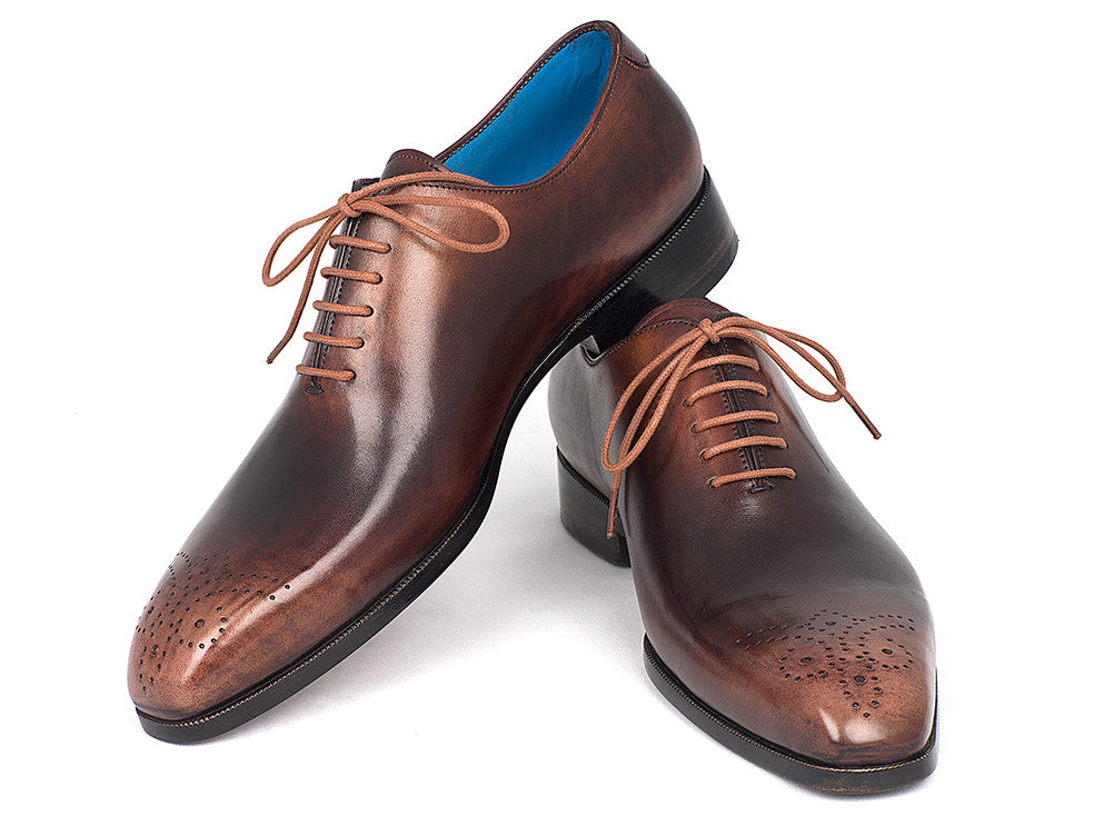 Paul Parkman Men's Camel & Brown Wholecut Oxfords showcasing a medallion toe design with hand-painted calfskin upper and antique finished leather sole.