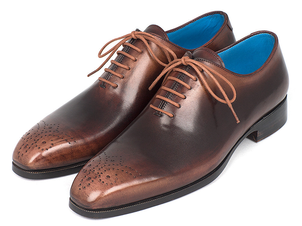 Paul Parkman Men's Camel & Brown Wholecut Oxfords showcasing a medallion toe design with hand-painted calfskin upper and antique finished leather sole.