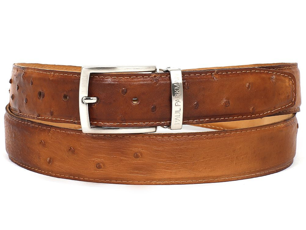 PAUL PARKMAN Men's Camel Genuine Ostrich Belt showcasing its unique texture and hand-painted finish.