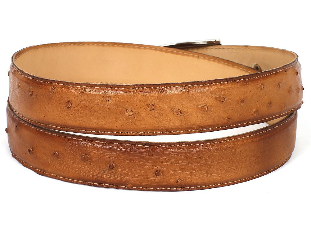 PAUL PARKMAN Men's Camel Genuine Ostrich Belt showcasing its unique texture and hand-painted finish.