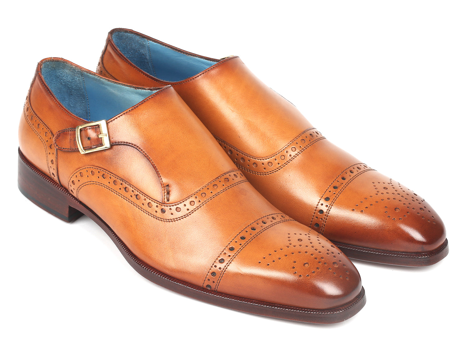 Paul Parkman Men's Cap Toe Monkstrap Shoes in Cognac with blue leather lining and natural burnished leather sole.