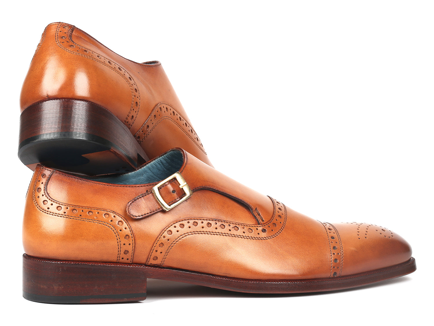 Paul Parkman Men's Cap Toe Monkstrap Shoes in Cognac with blue leather lining and natural burnished leather sole.