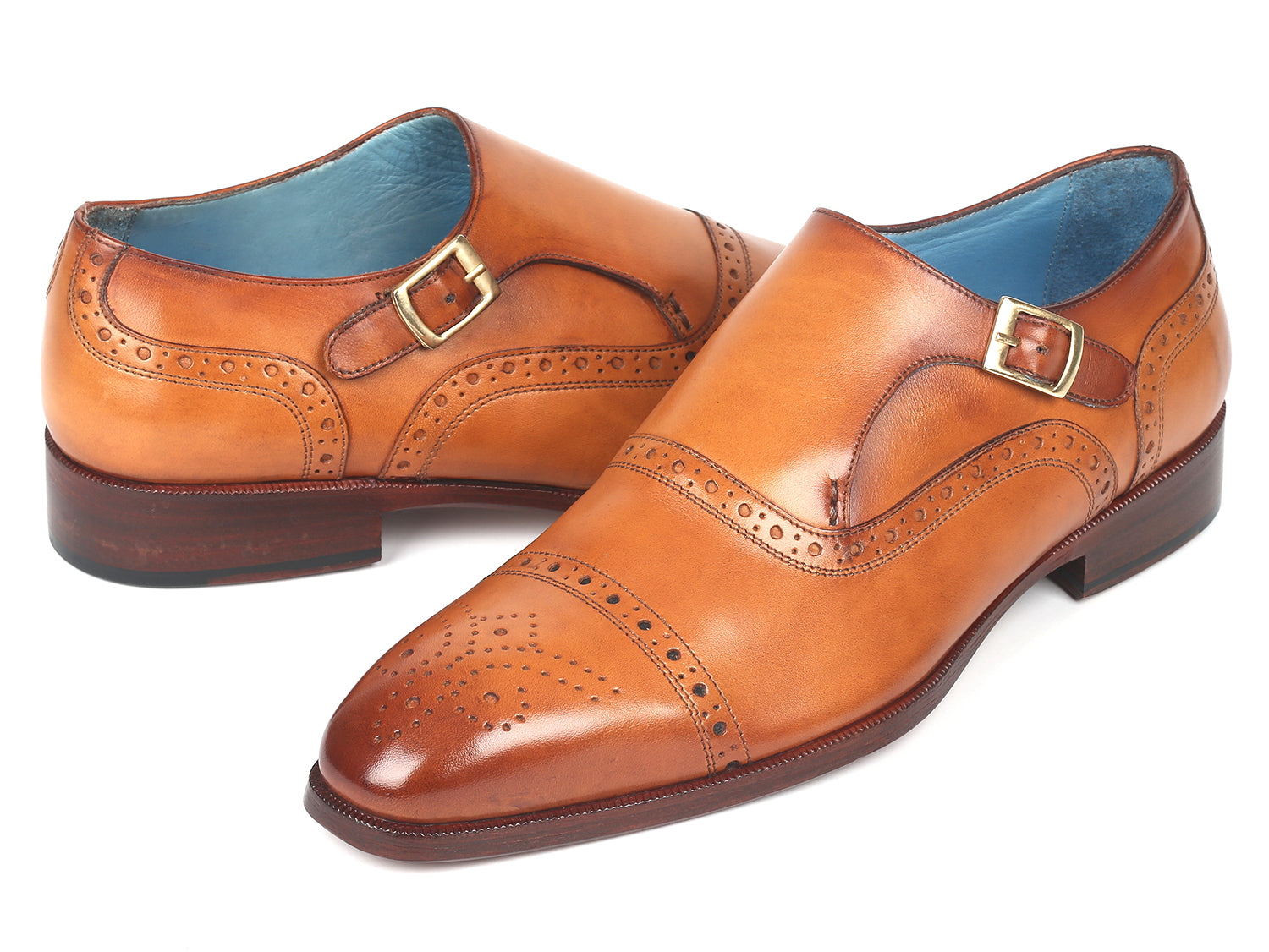 Paul Parkman Men's Cap Toe Monkstrap Shoes in Cognac with blue leather lining and natural burnished leather sole.