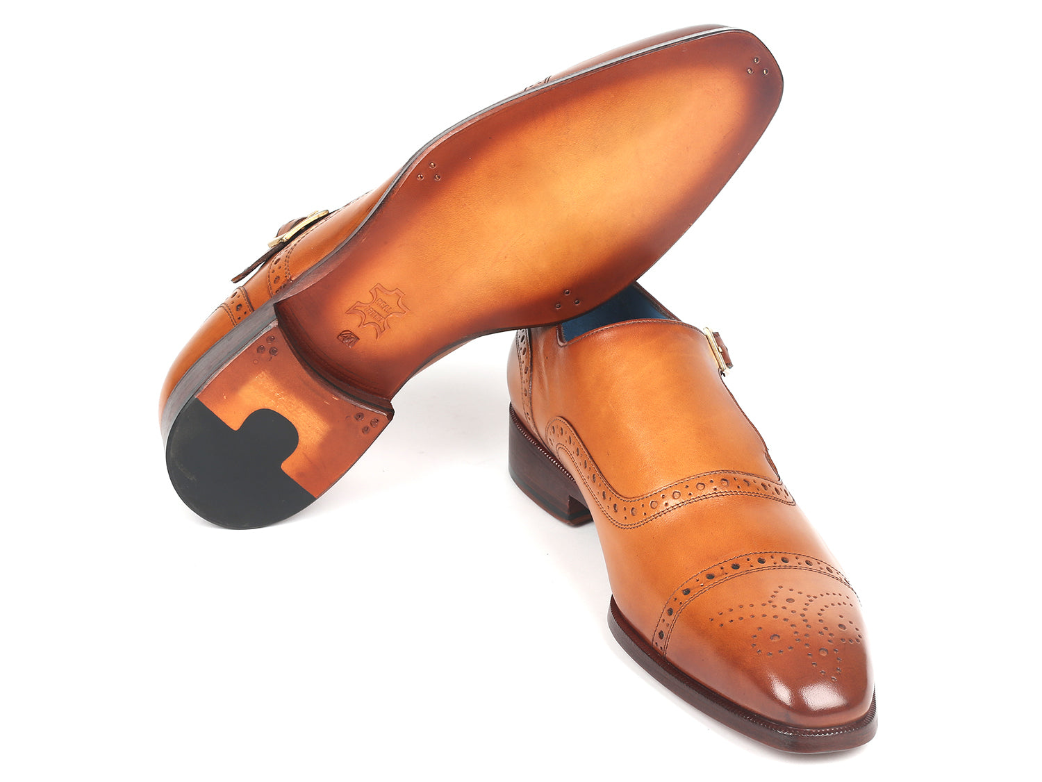 Paul Parkman Men's Cap Toe Monkstrap Shoes in Cognac with blue leather lining and natural burnished leather sole.