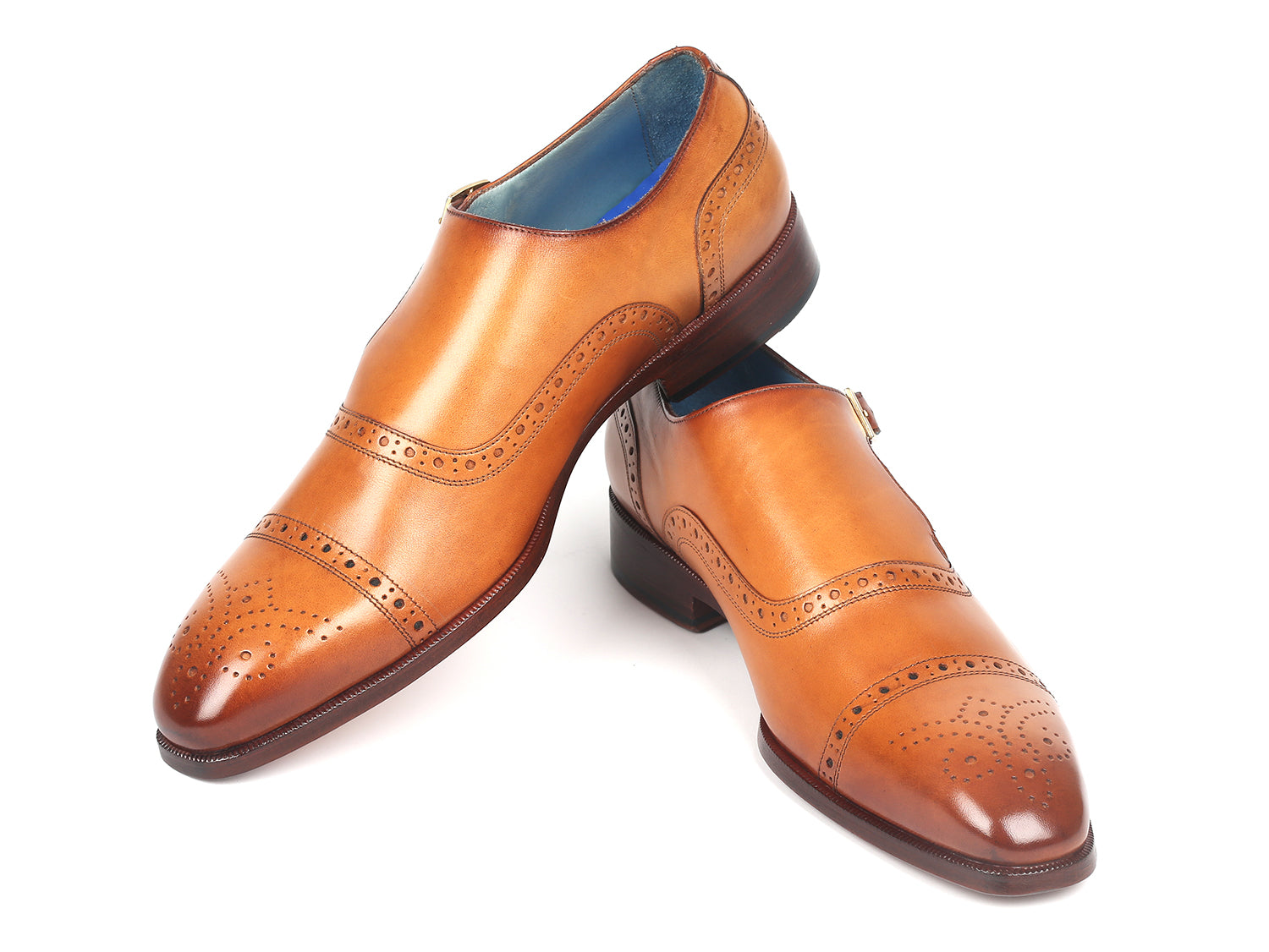 Paul Parkman Men's Cap Toe Monkstrap Shoes in Cognac with blue leather lining and natural burnished leather sole.