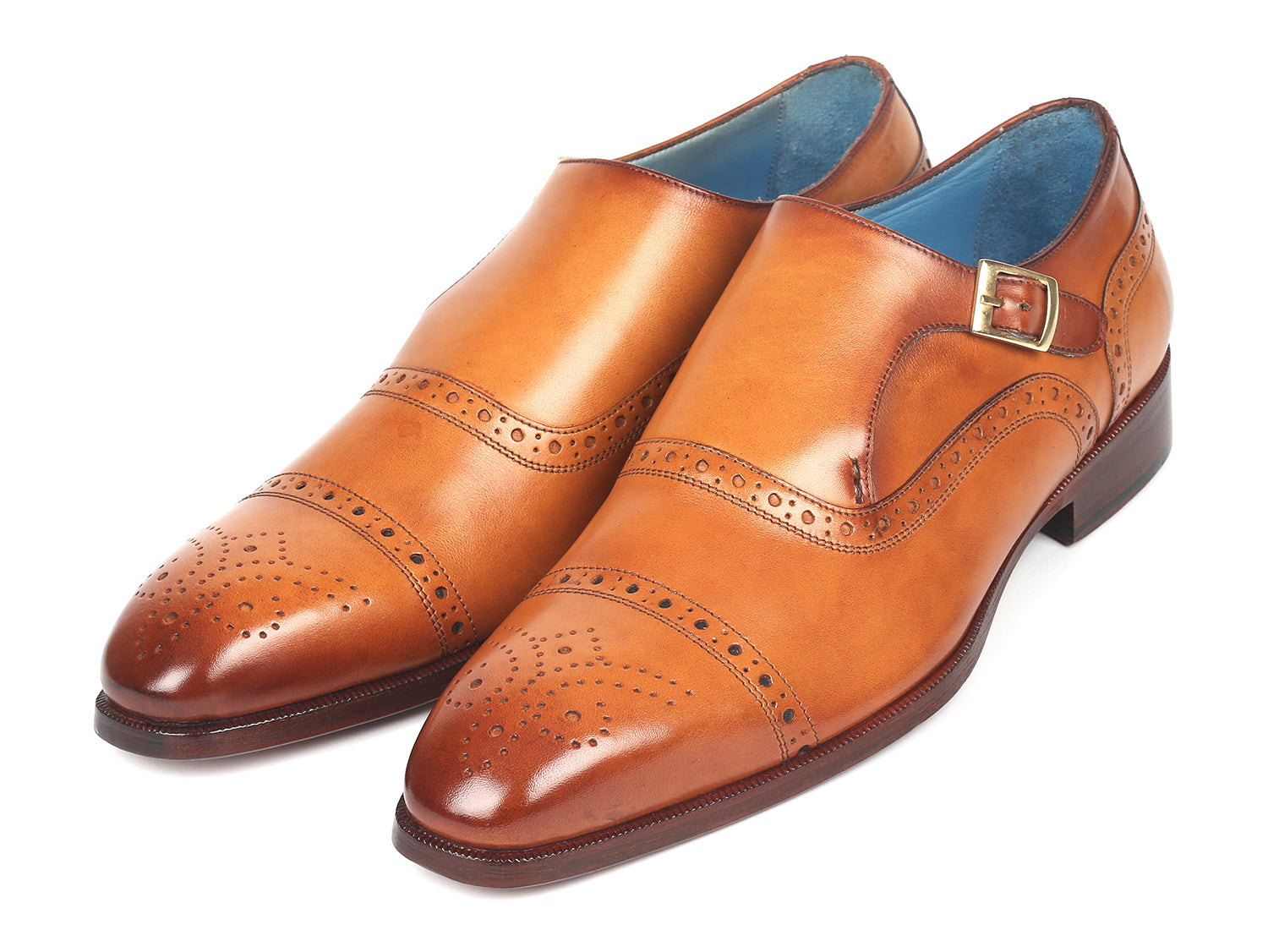 Paul Parkman Men's Cap Toe Monkstrap Shoes in Cognac with blue leather lining and natural burnished leather sole.