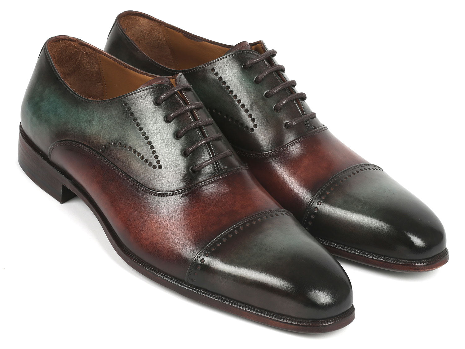 Paul Parkman Men's Cap Toe Oxfords in Green and Brown, showcasing hand-painted leather upper and elegant design.