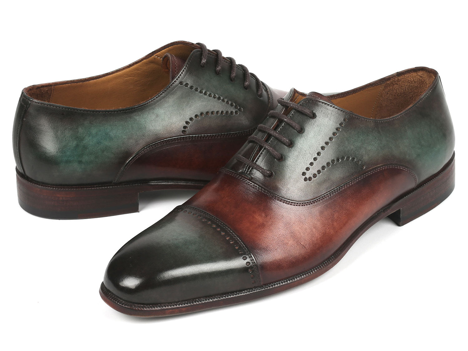 Paul Parkman Men's Cap Toe Oxfords in Green and Brown, showcasing hand-painted leather upper and elegant design.