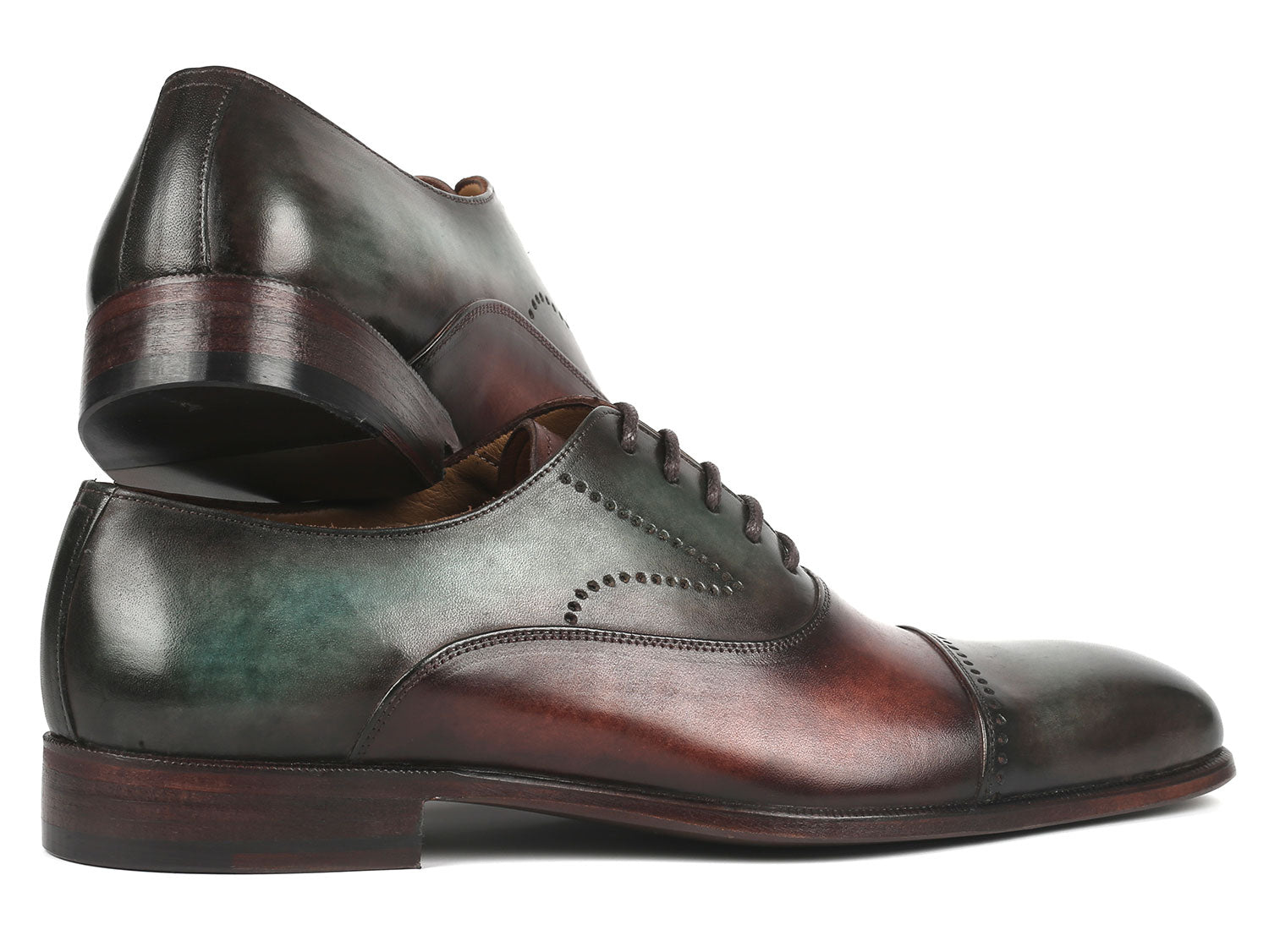 Paul Parkman Men's Cap Toe Oxfords in Green and Brown, showcasing hand-painted leather upper and elegant design.