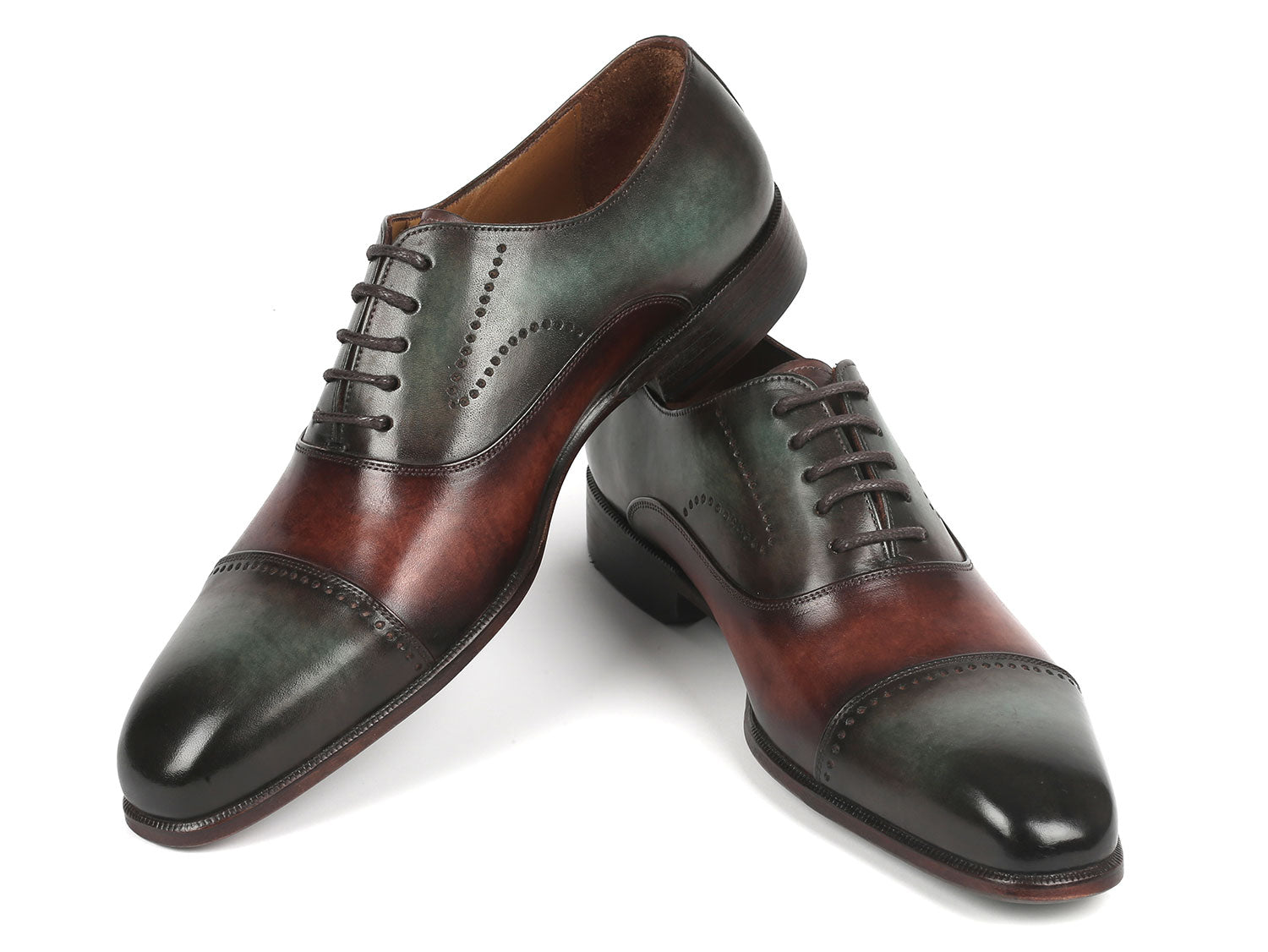 Paul Parkman Men's Cap Toe Oxfords in Green and Brown, showcasing hand-painted leather upper and elegant design.