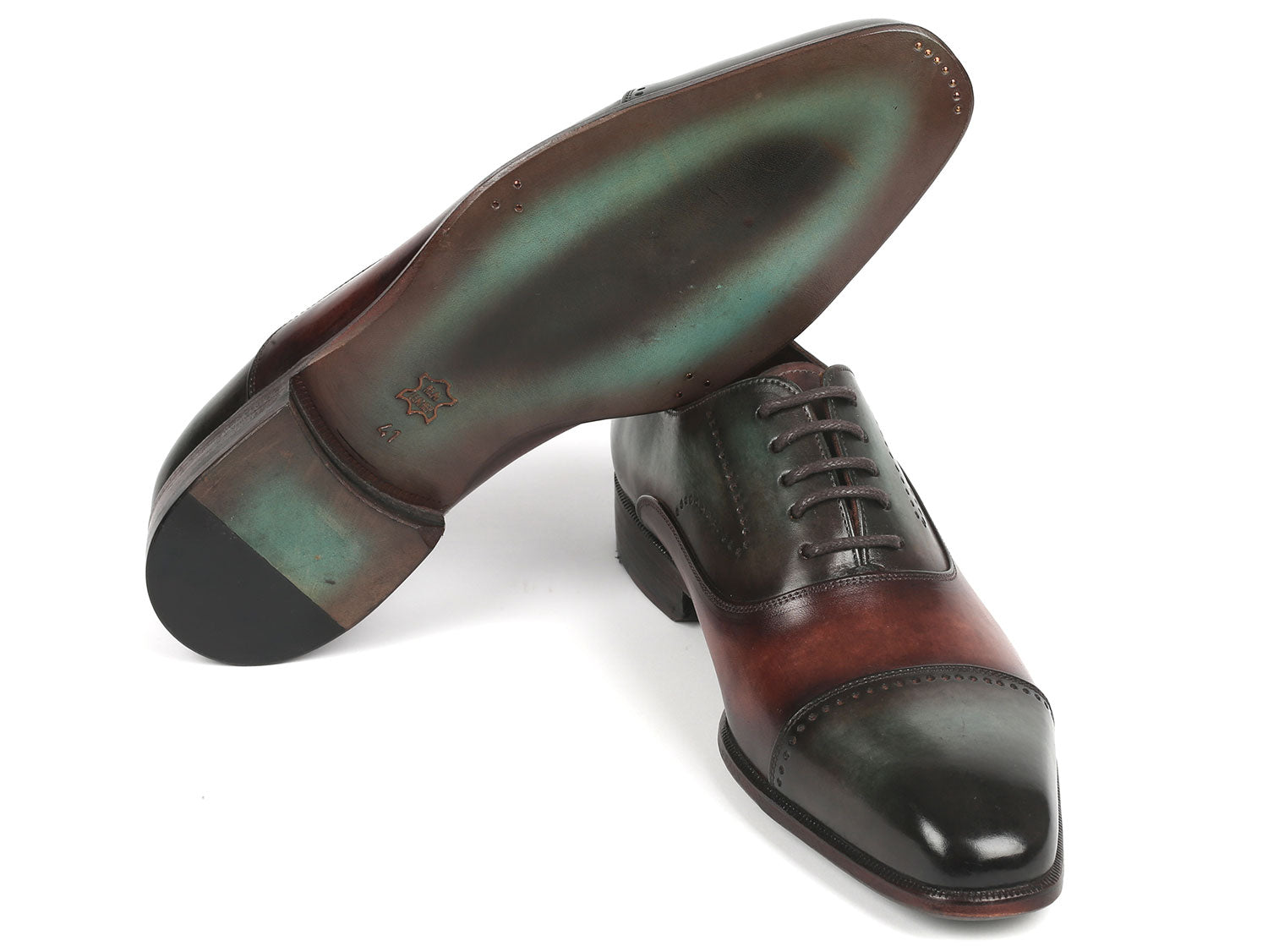 Paul Parkman Men's Cap Toe Oxfords in Green and Brown, showcasing hand-painted leather upper and elegant design.