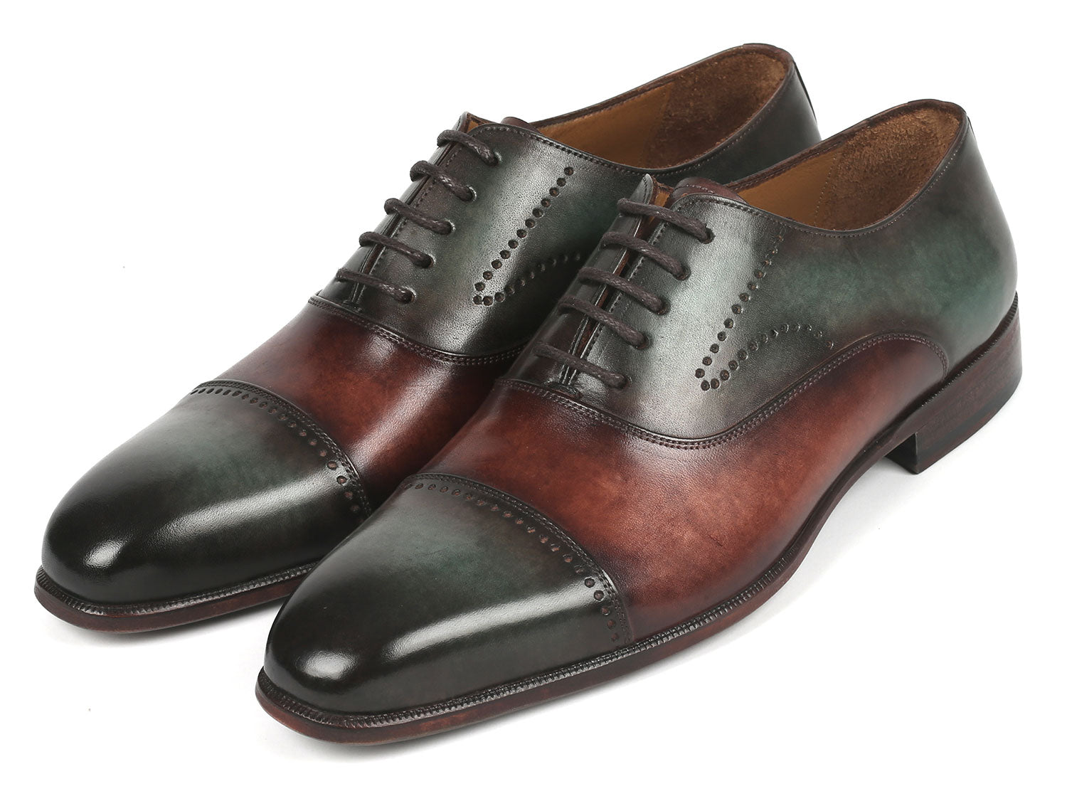 Paul Parkman Men's Cap Toe Oxfords in Green and Brown, showcasing hand-painted leather upper and elegant design.