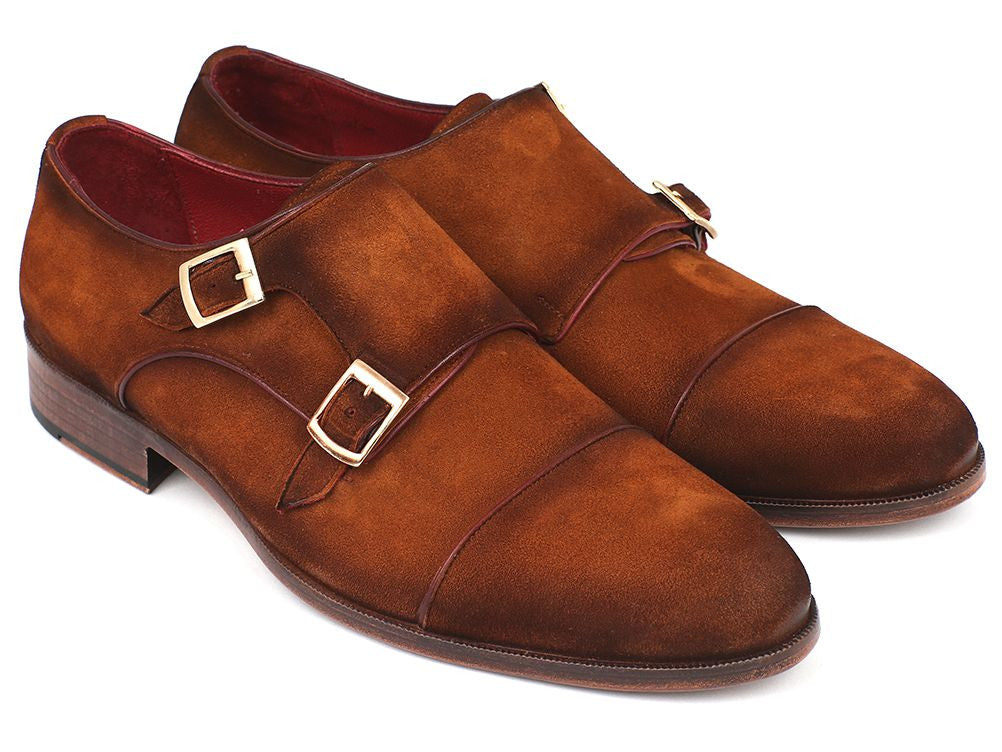 Paul Parkman Men's Captoe Double Monkstrap in camel suede, showcasing its elegant design and craftsmanship.