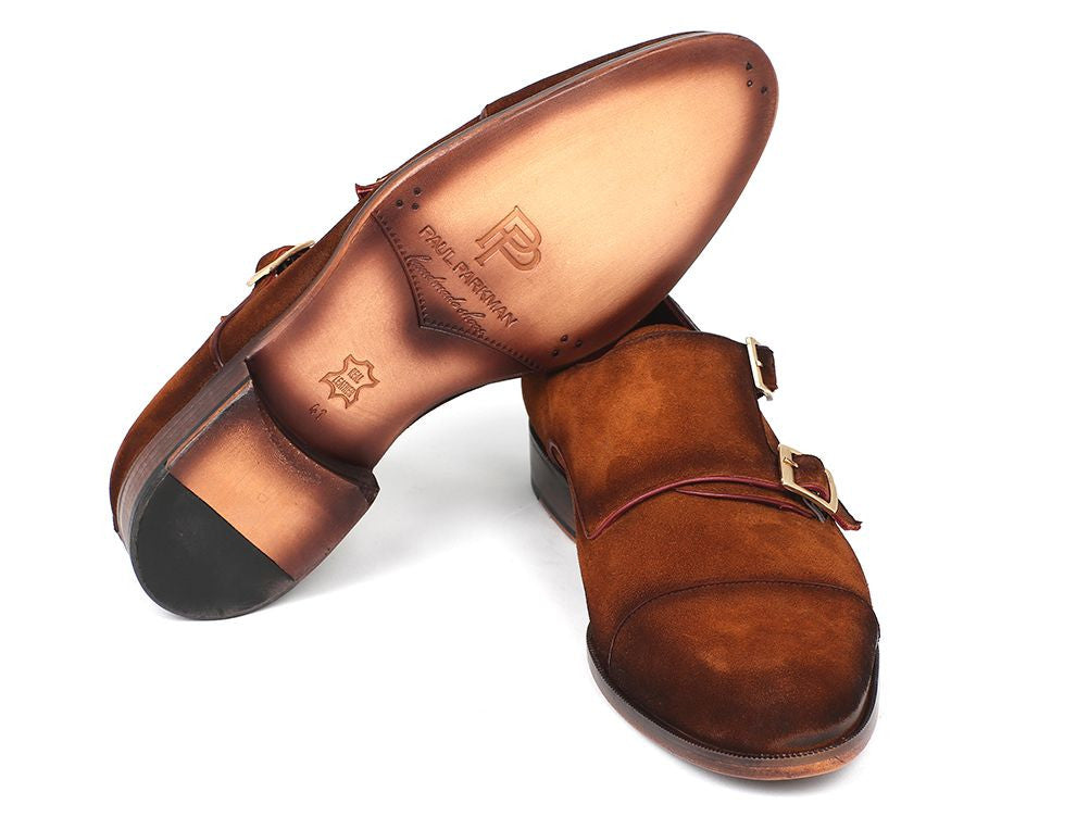 Paul Parkman Men's Captoe Double Monkstrap in camel suede, showcasing its elegant design and craftsmanship.