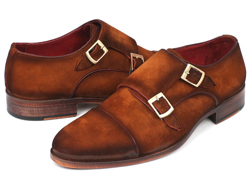 Paul Parkman Men's Captoe Double Monkstrap in camel suede, showcasing its elegant design and craftsmanship.