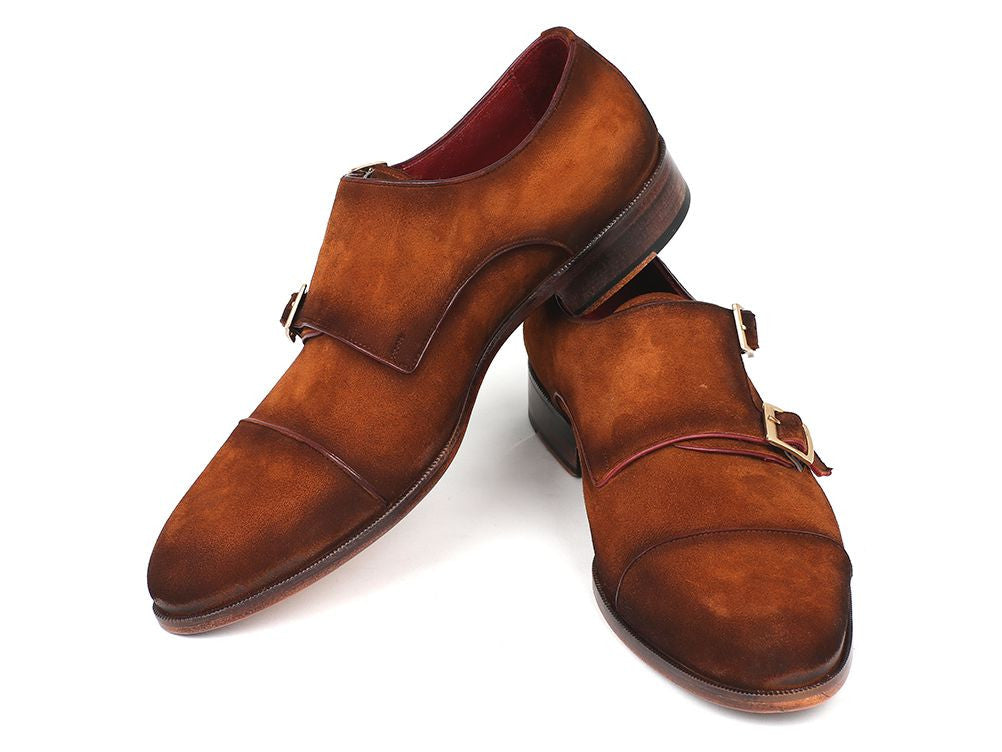 Paul Parkman Men's Captoe Double Monkstrap in camel suede, showcasing its elegant design and craftsmanship.