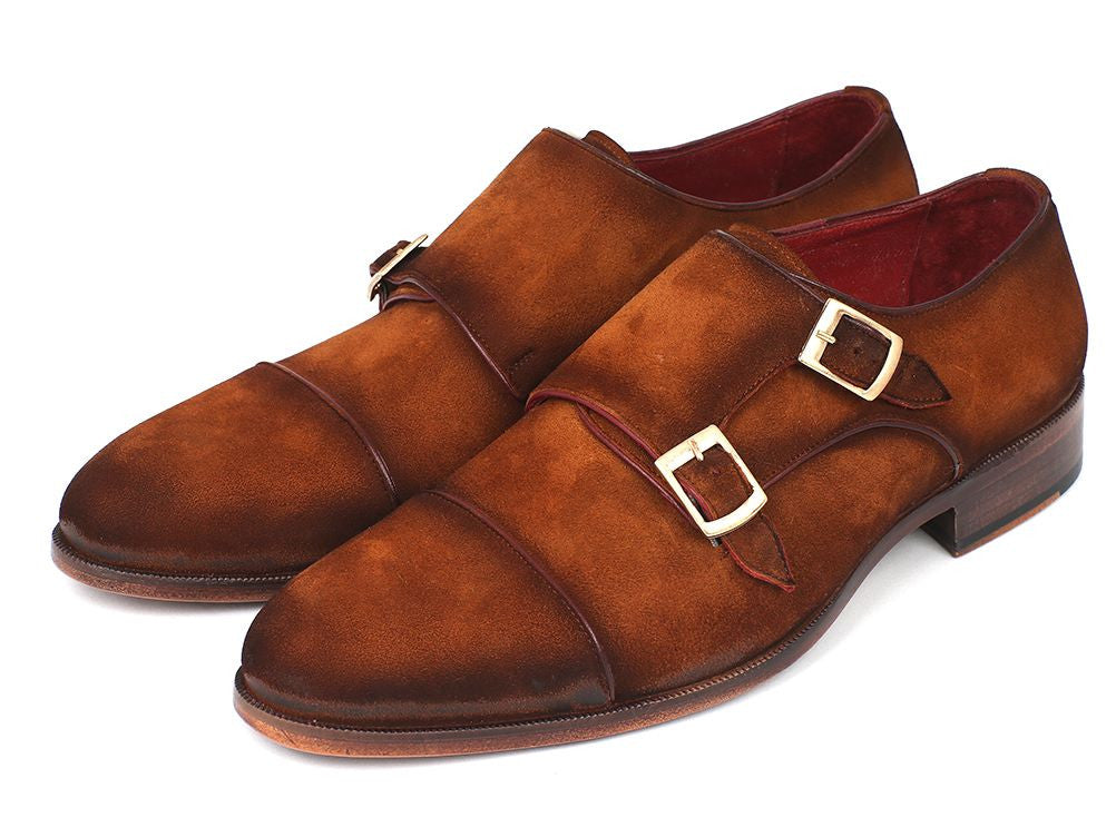 Paul Parkman Men's Captoe Double Monkstrap in camel suede, showcasing its elegant design and craftsmanship.